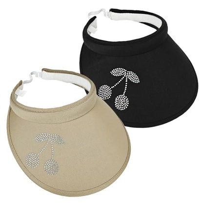 2 Pack Sun Visors Women Wide Brim Clip on Summer Hats Adjustable UV Protection - color: Cherry-black,khaki