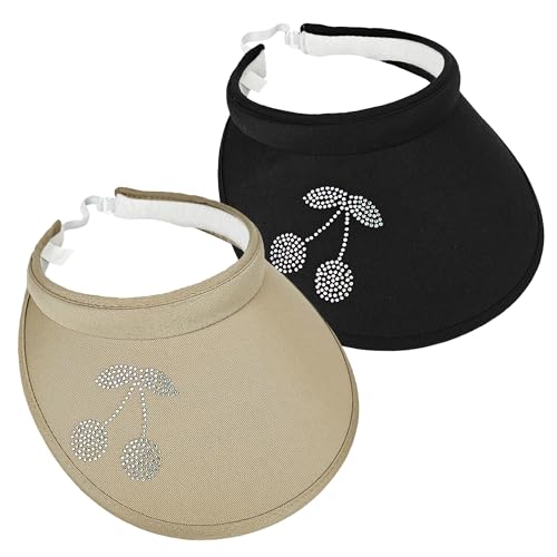 2 Pack Sun Visors Women Wide Brim Clip on Summer Hats Adjustable UV Protection - color: Cherry-black,khaki