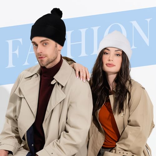 Geyoga 2 Pcs Pom Beanie Hat Men Women Winter Hat Pom Knit Cap Beanies with Ball at Top Acrylic Winter Cap with Cuff - color: Black, White, style: Classical