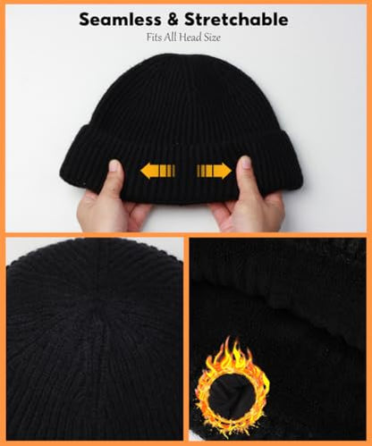 Heniho Wool Fleece Lined Fisherman Beanie for Men, Winter Warm Hats Cuffed Knit Watch Cap Trawler Hat - color: #1pack A- Black