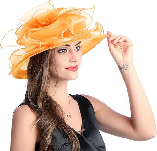 Women's Kentucky Derby Church Dress Hat Wide Brim Leaf Flower Bridal Shower Hat - color: S8 Orange