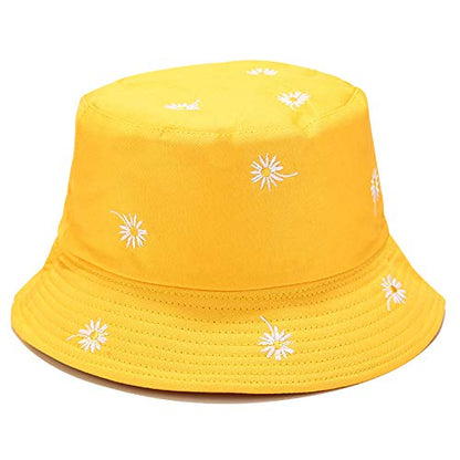 Womens Embroidered Daisy Bucket Hat Reversible Packable Beach Sun Hat - color: Daisy Yellow/Plain Yellow