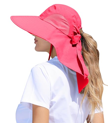 Womens Sun Hat Outdoor UV Protection Wide Brim Fishing Hat with Ponytail Hole Neck Flap for Beach Hiking Camping - color: Sun Hat-watermelon Red