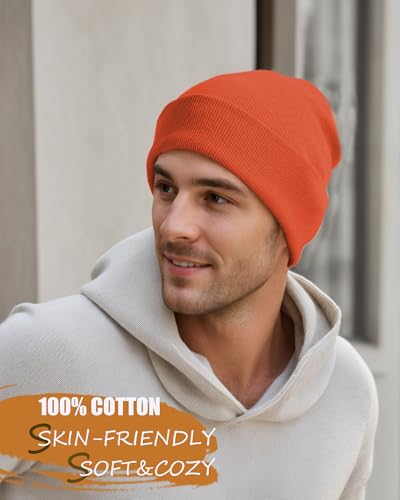vidsel 100% Cotton Beanie Hat-Unisex Winter Knit Cuffed Beanies Skull Cap - color: 1-orange