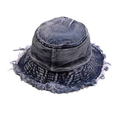 Cotton Denim Distressed Bucket Hat, Sun Hat, Hat for Men and Women - color: Bluc