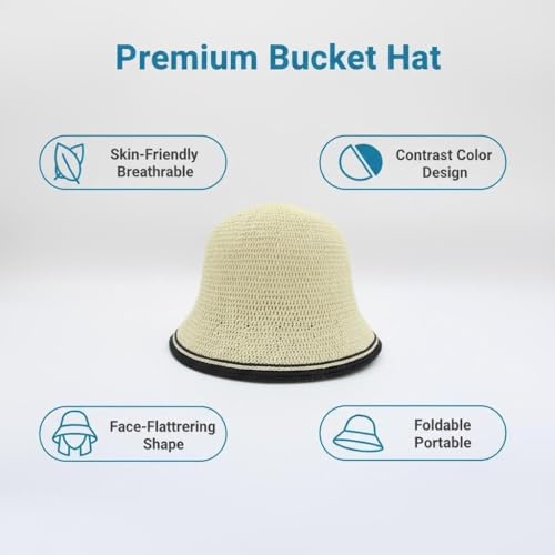 Women’s Two-Toned Sun Hat Straw Bucket Hat UPF 50+ Sun Protection Packable Adjustable Summer Holiday Beach Hat - color: Beige
