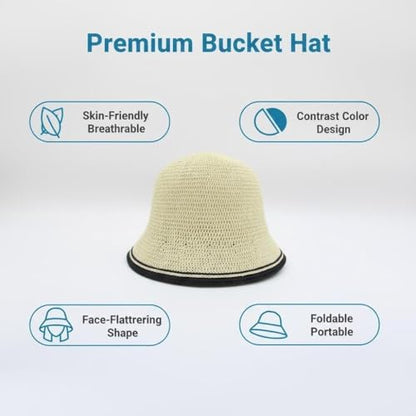 Women’s Two-Toned Sun Hat Straw Bucket Hat UPF 50+ Sun Protection Packable Adjustable Summer Holiday Beach Hat - color: Beige