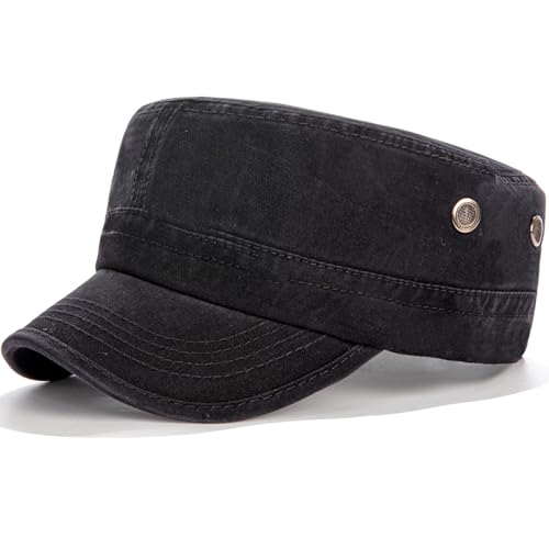 Army Cadet Cap for Men Women Washed Cotton Adjustable Flat Top Hats, Vintage Baseball Caps - color: Black