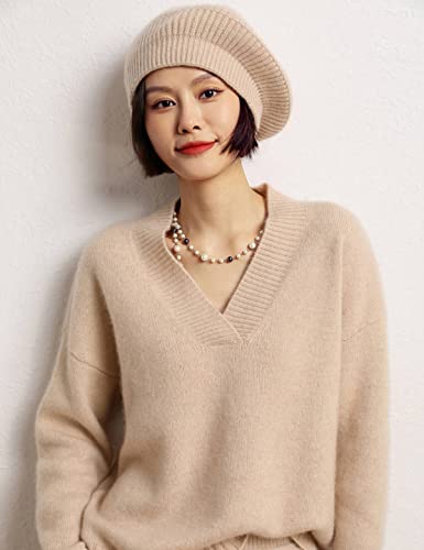 Cashmere Berets Hats Women Winter Warm Merino Wool Knitted Oversized Beige Beanie - color: Beige