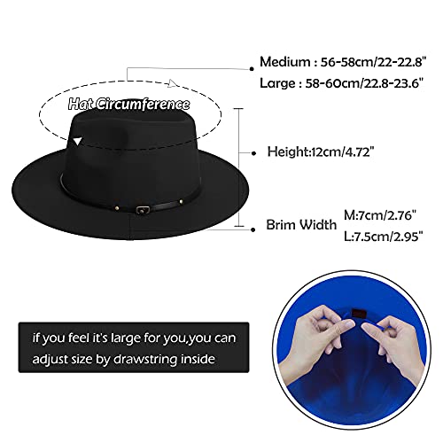 jingsha Fedora Hats for Men & Women Wide Brim Fedora Felt Panama Hat Men's Dress Hats with Belt Buckle - color: Black-royal Blue(inside), size: Medium