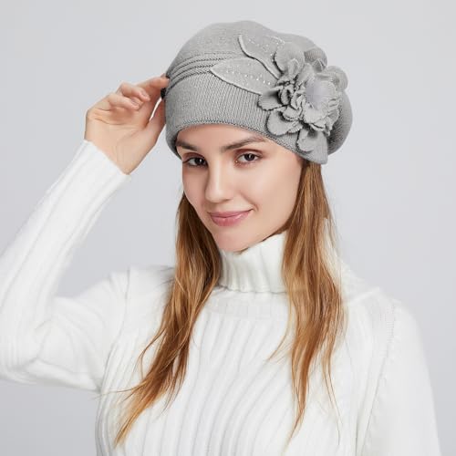 Flower Women Beret, Double Layer Thickened Winter Knitted Beanie Beret Hat, Stylish French Dress Beret Hats for Women - color: Light Gray