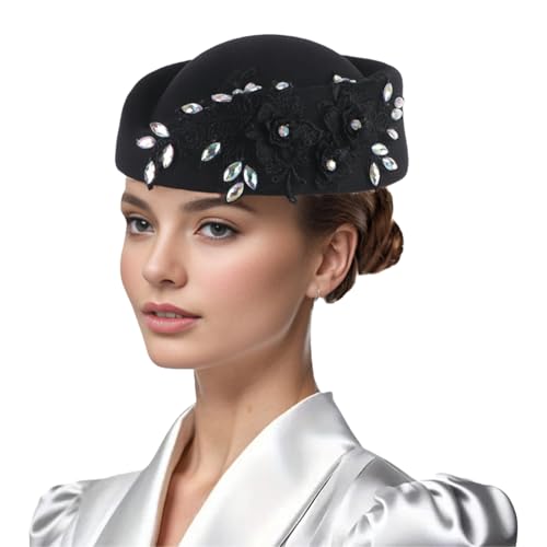Women Vintage Church Hat Applique Felt Pillbox Hat Fascinator Tea Party Cap - color: Black