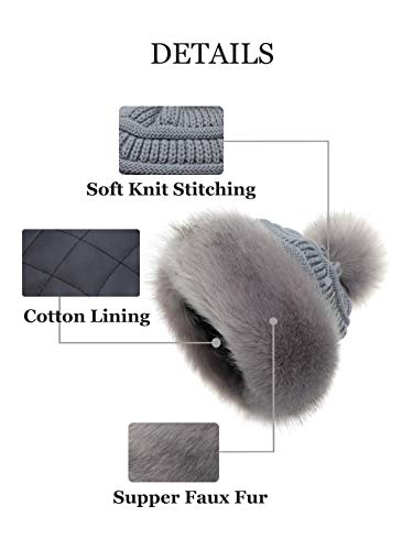 Soul Young Women's Faux Fur Hat Russian Cossack Knit Pompom Hat Ski Snow Cap for Winter Outdoor - color: Light Grey