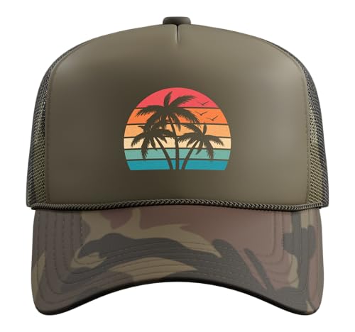 Retro Tropical Beach Palm Trees Hawaii Sunset Men Women Kids Trucker Hat with Adjustable Mesh Back - color: Camo Green