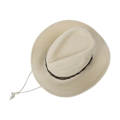 Unisex Straw Cowboy Hat Wide Brim Western Sun Hat Adjustable Beach Cowgirl Hat for Summer Outdoor Sun Protection - color: Beige,leather Hat Strap