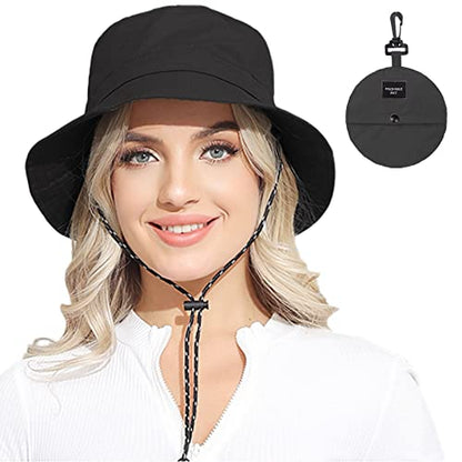 Packable Bucket Hat for Women Waterproof UV Protection Sun Hat - color: Black