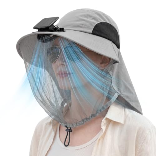 Short Brim Sun Hat with Solar Fan & Face Net Mask for Men Women UPF 50+ Neck Flap for Garden Outdoor Fishing Beach Essential - color: Light Grey