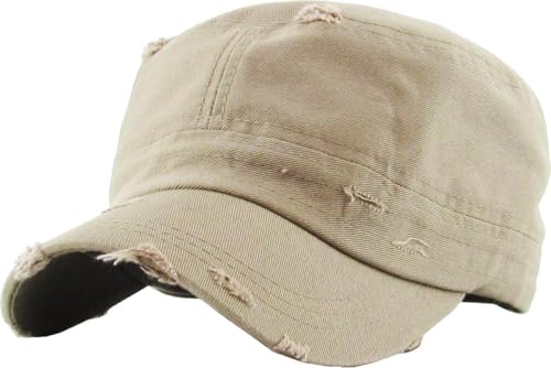 Vintage Distressed Cadet Army Cap Basic Everyday Military Style Hat - color: Khaki Vintage Distressed