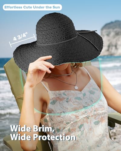 Sun Beach Hats Women Floppy Summer Sunhat with Wide Brim Packable Foldable Travel Accessories - color: Black, size: Medium