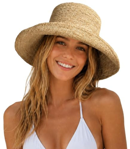 Women's Raffia Straw Bucket Hat Sun Beach Hat Woven Handmade Foldable Summer Travel Cap - color: Raffia ( Brim3.9“)