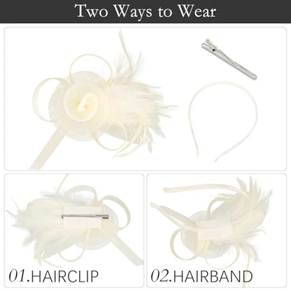 AMCAMI Fascinators Hats with Feather for Women 2026 Derby Hats Small Tea Party Hat with Headband - color: Beige