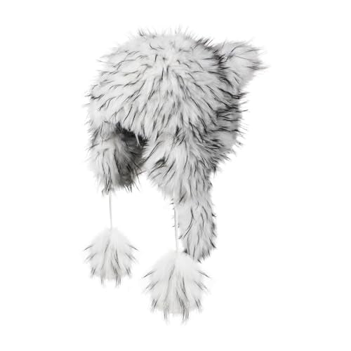 Raccoon Tail Parent-Child Plush Hat Warm Faux Fur Animal Hat with Tail - color: Adult Style-white