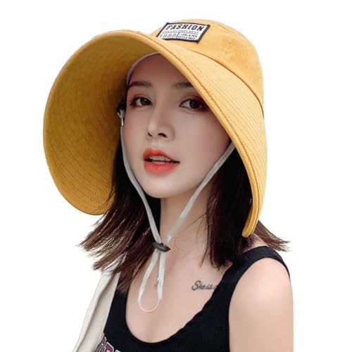 Women Floppy Sun Beach Hat Packable Wide Brim Bucket Hat UPF 50+ UV Protection Travel Beach Cap - color: Yellow