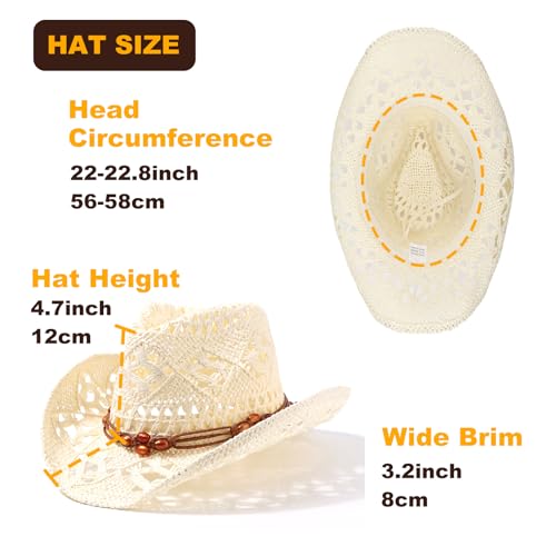 AQOKKA Straw Cowboy Hats for Women Men Western Cowgirl Hats with Shapeable Brim Woven Hollow Out Unisex Beach Roll Up Caps - color: Brown Beads Cowboy Hat : Ivory White