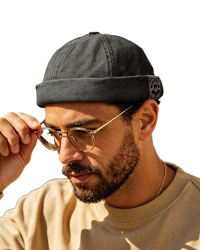 Clakllie Retro Docker Hat for Women Men Cotton No Brim Hat Adjustable Brimless Cap Worker Sailor Cap No Visor Beanie Hat - color: Black-ct36