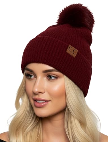 Funky Junque Beanie for Women Ultra Soft Chenille Faux Fur Pom Pom Winter Hats Warm Ski Cap Fashion - color: Terry Chenille - Burgundy