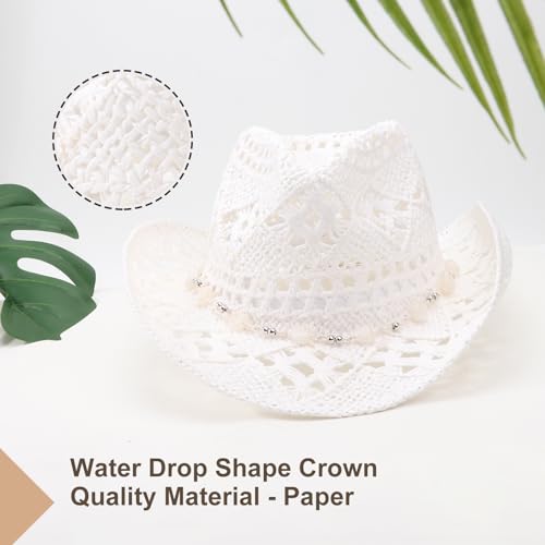 AQOKKA Straw Cowboy Hats for Women Men Western Cowgirl Hats with Shapeable Brim Woven Hollow Out Unisex Beach Roll Up Caps - color: Cowboy Hat : Solid White