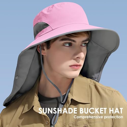 Outdoor Sun Hat Detachable Neck Face Flap UPF 50+UV Protection Visor Fishing Hats with Neck Flap for Men & Women - color: Pink