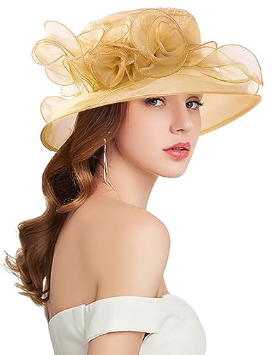 Women Derby Fascinator Hat Organza Church Wedding Hats Wide Brim Cocktail Tea Party Hat - color: 12 Gold