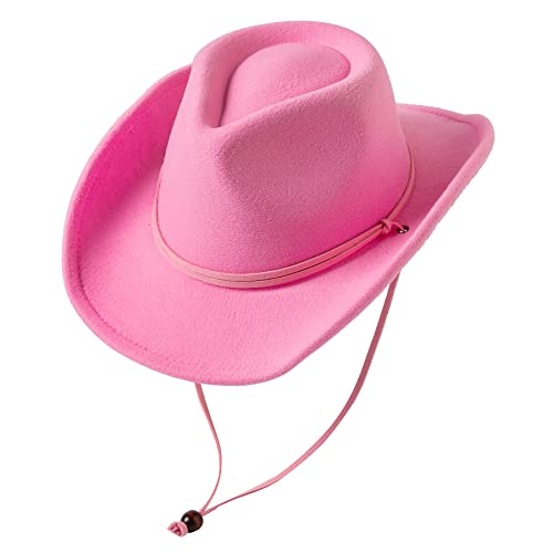 Jastore Kids Girls Boys Wide Brim Western Cowboy Cowgirl Hat with Wind Lanyard Felt Fedora Hat - color: Pink, size: 3-5T