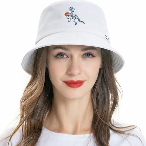ZLYC Cotton Bucket Hat for Women Men Embroidered Packable Summer Sun Cap - color: Dinosaur Skeleton White