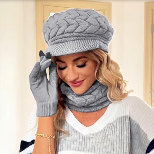 Loritta 3 in 1 Womens Winter Hat Gloves Scarf Set, Warm Hat Mittens - color: Grey