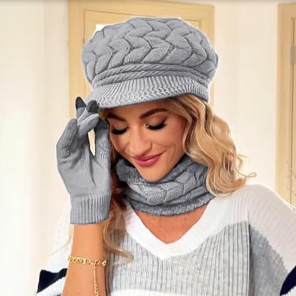 Loritta 3 in 1 Womens Winter Hat Gloves Scarf Set, Warm Hat Mittens - color: Grey