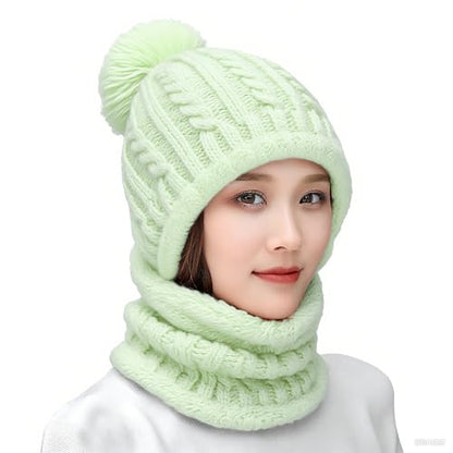 HUAMULAN Women Winter Knit Beanie Hats One Piece Fleece Lined Balaclavas - color: Light Green