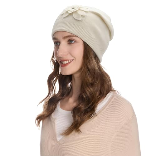 ZLYC Women Floral Slouchy Beanie Hat Double Layer Winter Knit Skull Cap - color: Flower White