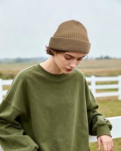Clakllie Trawler Beanie Watch Hat Knit Cuffed Skullcap Roll-up Edge Stocking Hats Rolled Cuff Knitted Hat Ski Cap - color: Cdus-hkn01-khaki