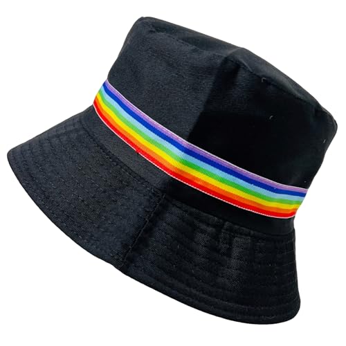 Pride Unisex Bucket Hat Reversible Double-Side-Wear Packable for Travel, Outdoors, and Beach - color: Black With Rainbow Band