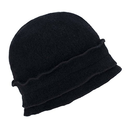Womens Gatsby 1920s Winter Wool Cap Beret Beanie Crochet Bucket Flower Hat A285 - color: Black