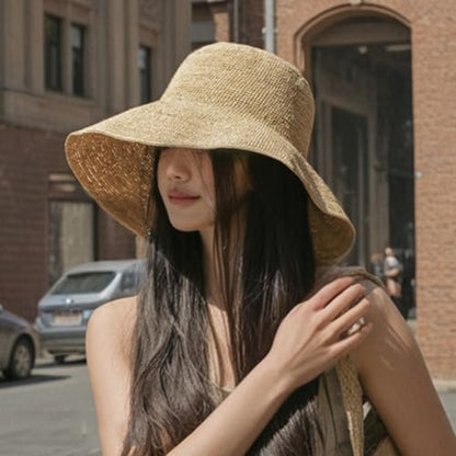 Women Straw Sun Hat Summer Beach Hats Foldable Floppy Cap Wide Brim Bucket Hat Solid Handmade Sun Protection Caps - color: Beige