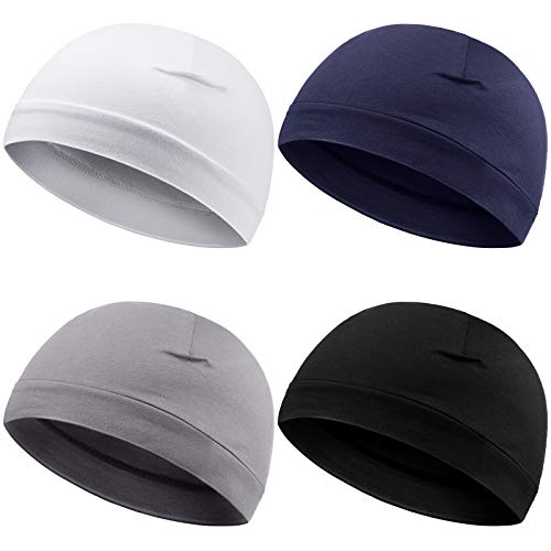 Syhood 4 Cotton Skull Caps for Men Women Sleep Night Hat Beanie - color: White, Gray, Navy Blue, Black