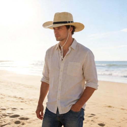 Men's Floppy Packable Straw Hat Beach Cap Newsboy Fedora Sun Hat, Big Brim, Adjustable Chin Strap - color: Beige