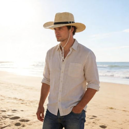 Men's Floppy Packable Straw Hat Beach Cap Newsboy Fedora Sun Hat, Big Brim, Adjustable Chin Strap - color: Beige