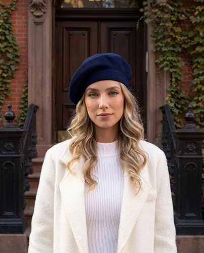 Women's Knitted Beret, French Style Double Layer Winter Autumn Warm and Soft Beanie Hat Cap - color: Navy Blue