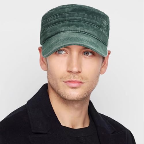 Cadet Army Cap Washed Military Army Hat Vintage Flat Top Hat for Women Men - color: Deep Green