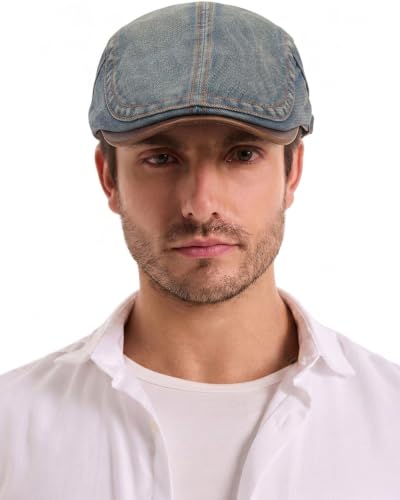 ZLYC Men Cotton Flat Cap Summer Scally Newsboy Beret Driver Hat - color: Denim Faded Blue
