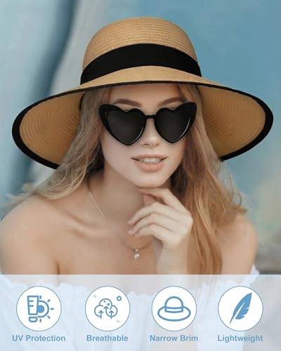 Sun Straw Hats for Women, Wide Brim Summer Beach Hat - color: Khaki Black, size: X-Large